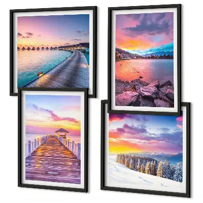 Conjunto de 4 quadros com moldura paisagem de montanha com píer no inverno