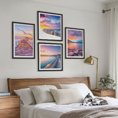 Conjunto de 4 quadros com moldura Paisagem de inverno da montanha do píer