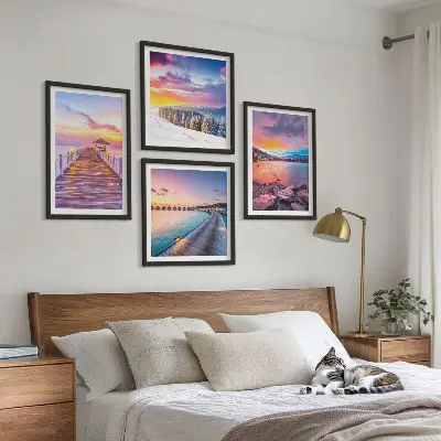 Conjunto de 4 quadros com moldura paisagem de montanha com píer no inverno