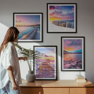 Conjunto de 4 quadros com moldura Paisagem de inverno da montanha do píer