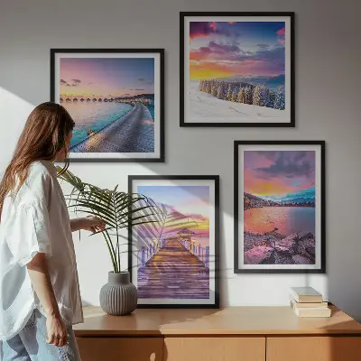 Conjunto de 4 quadros com moldura paisagem de montanha com píer no inverno
