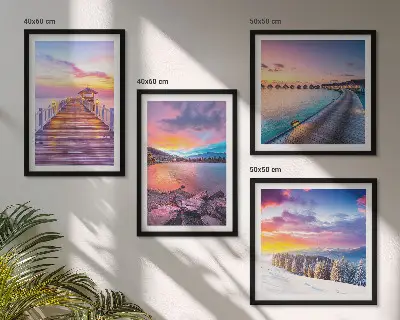 Conjunto de 4 quadros com moldura paisagem de montanha com píer no inverno