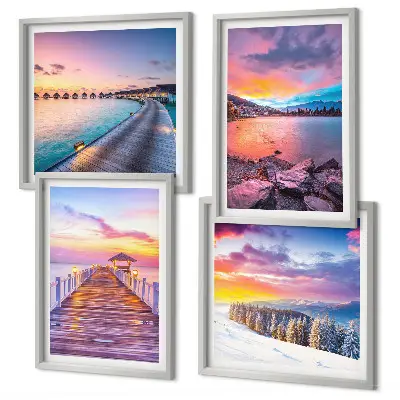 Conjunto de 4 quadros com moldura paisagem de montanha com píer no inverno