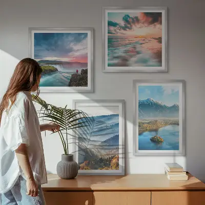 Políptico com moldura paisagens de cachoeiras e montanhas