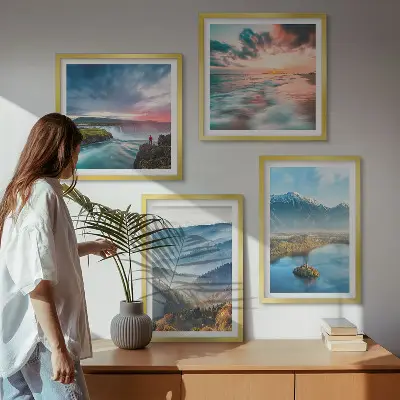 Políptico com moldura paisagens de cachoeiras e montanhas