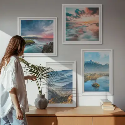 Políptico com moldura paisagens de cachoeiras e montanhas