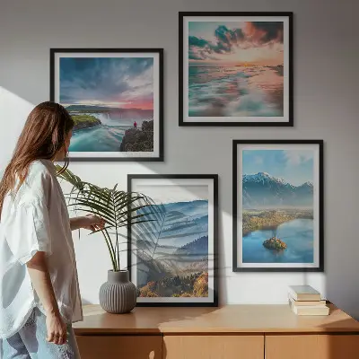 Políptico com moldura paisagens de cachoeiras e montanhas
