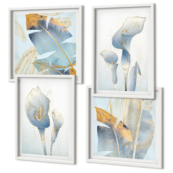 Conjunto de quadros flores azuis com fundo