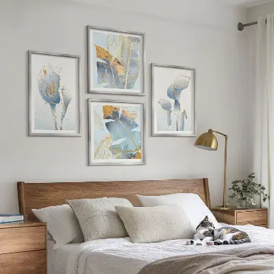 Conjunto de quadros flores azuis com fundo