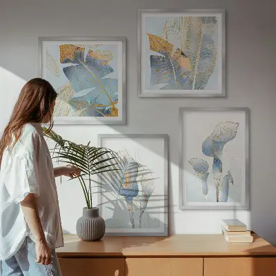 Conjunto de quadros flores azuis com fundo