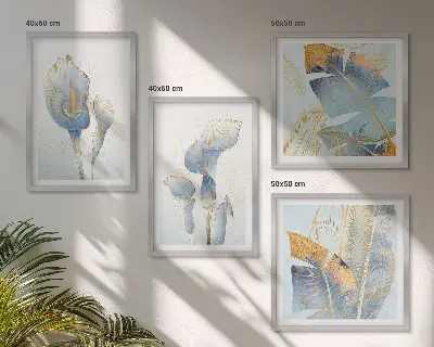 Conjunto de quadros flores azuis com fundo