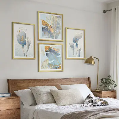 Conjunto de quadros flores azuis com fundo