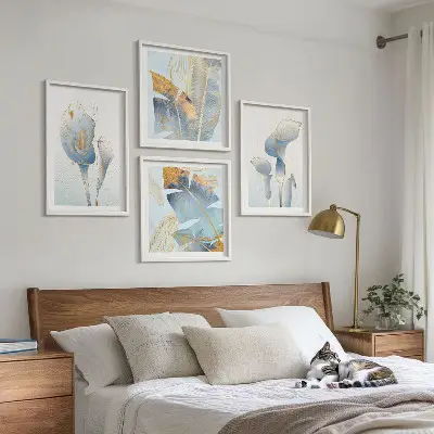 Conjunto de quadros flores azuis com fundo