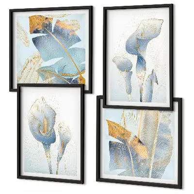 Conjunto de quadros flores azuis com fundo