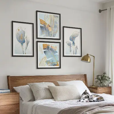 Conjunto de quadros flores azuis com fundo
