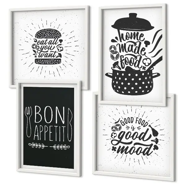Políptico com moldura com estampas de gráficos, comida e slogans culinários