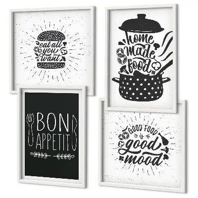 Políptico com moldura com estampas de gráficos, comida e slogans culinários