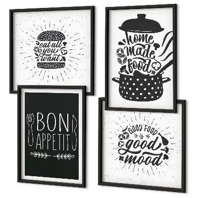 Políptico com moldura com estampas de gráficos, comida e slogans culinários