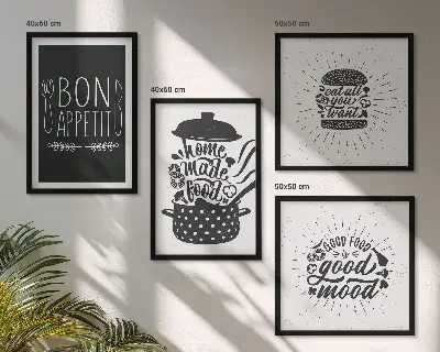 Políptico com moldura com estampas de gráficos, comida e slogans culinários