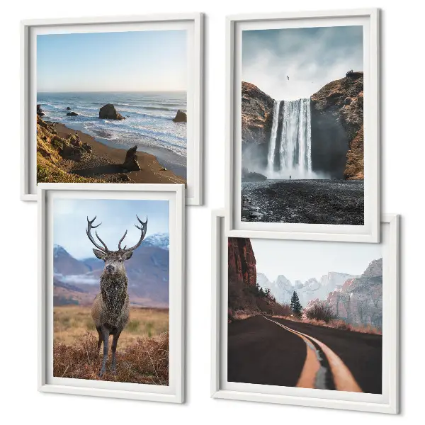 Composição de quadros com paisagens de montanhas, cachoeiras, veados e praias