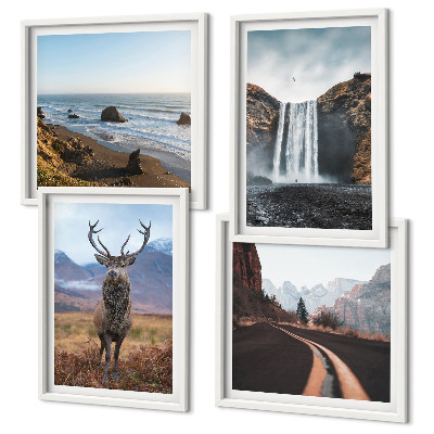 Composição de quadros paisagens montanhosas, cachoeiras, veados, praias