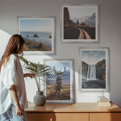Composição de quadros paisagens montanhosas, cachoeiras, veados, praias