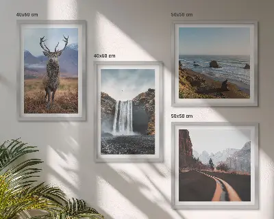 Composição de quadros com paisagens de montanhas, cachoeiras, veados e praias