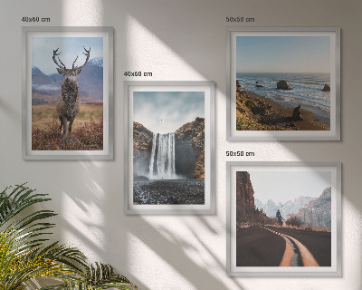 Composição de quadros paisagens montanhosas, cachoeiras, veados, praias