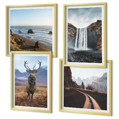 Composição de quadros com paisagens de montanhas, cachoeiras, veados e praias