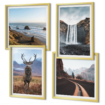 Composição de quadros paisagens montanhosas, cachoeiras, veados, praias