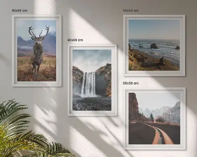 Composição de quadros com paisagens de montanhas, cachoeiras, veados e praias