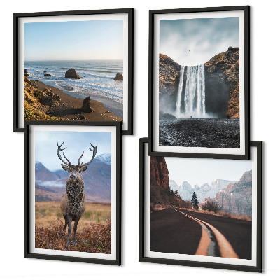 Composição de quadros paisagens montanhosas, cachoeiras, veados, praias