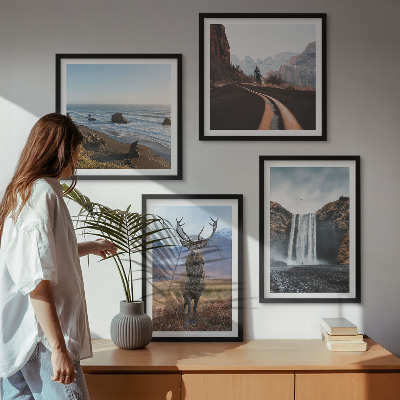 Composição de quadros paisagens montanhosas, cachoeiras, veados, praias
