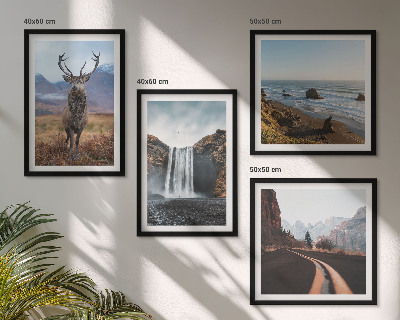 Composição de quadros paisagens montanhosas, cachoeiras, veados, praias