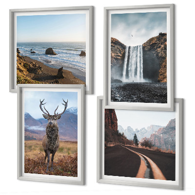 Composição de quadros paisagens montanhosas, cachoeiras, veados, praias