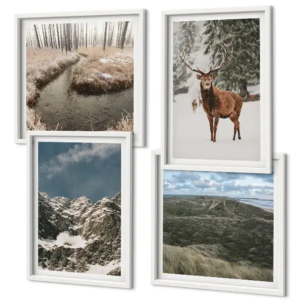 Conjunto de 4 quadros com moldura paisagem de floresta e cervos nas montanhas