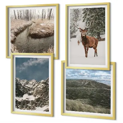 Conjunto de 4 quadros com moldura paisagem de floresta e cervos nas montanhas