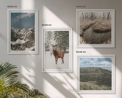 Conjunto de 4 quadros com moldura paisagem de floresta e cervos nas montanhas