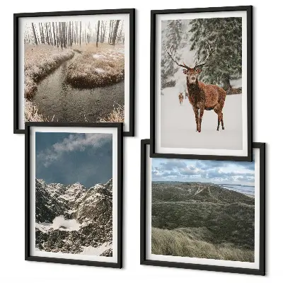 Conjunto de 4 quadros com moldura paisagem de floresta e cervos nas montanhas