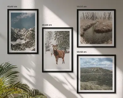 Conjunto de 4 quadros com moldura paisagem de floresta e cervos nas montanhas