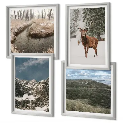 Conjunto de 4 quadros com moldura paisagem de floresta e cervos nas montanhas