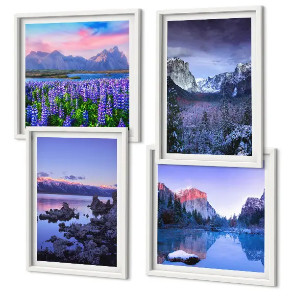 Composição de quadros com paisagens de montanhas, água e campo de flores