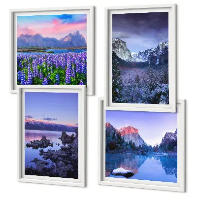 Composição de quadros com paisagens de montanhas, água e campo de flores