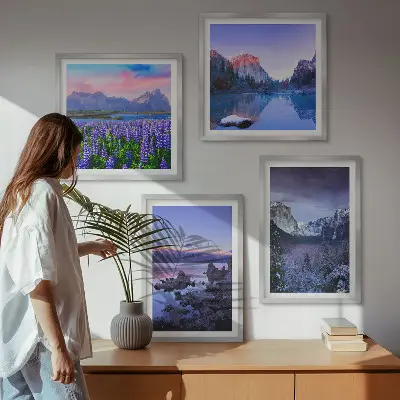 Composição de quadros com paisagens de montanhas, água e campo de flores