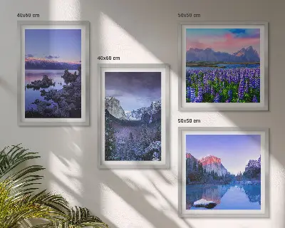 Composição de quadros com paisagens de montanhas, água e campo de flores