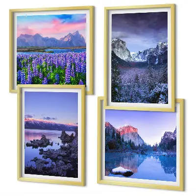 Composição de quadros com paisagens de montanhas, água e campo de flores