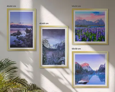Composição de quadros com paisagens de montanhas, água e campo de flores