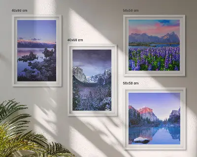 Composição de quadros com paisagens de montanhas, água e campo de flores