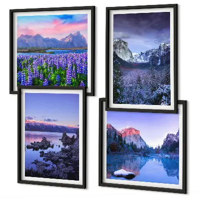 Composição de quadros com paisagens de montanhas, água e campo de flores