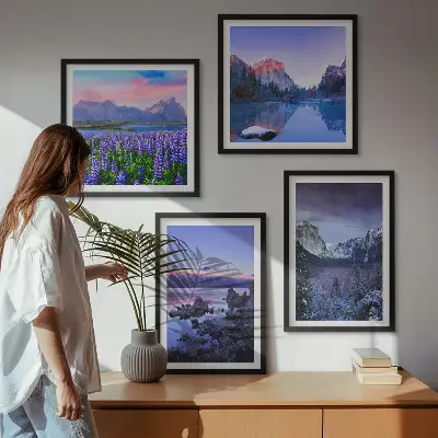 Composição de quadros com paisagens de montanhas, água e campo de flores